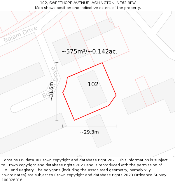 102, SWEETHOPE AVENUE, ASHINGTON, NE63 9PW: Plot and title map