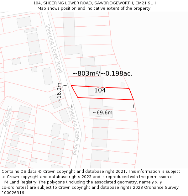 104, SHEERING LOWER ROAD, SAWBRIDGEWORTH, CM21 9LH: Plot and title map