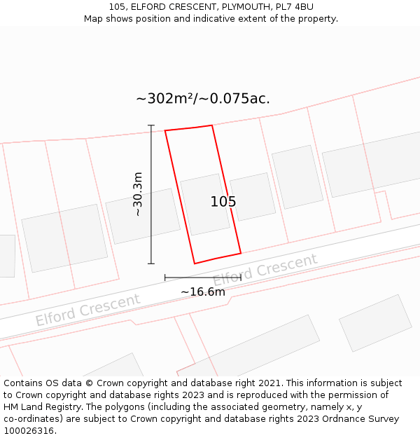 105, ELFORD CRESCENT, PLYMOUTH, PL7 4BU: Plot and title map