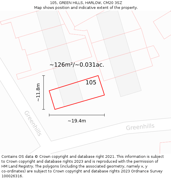 105, GREEN HILLS, HARLOW, CM20 3SZ: Plot and title map