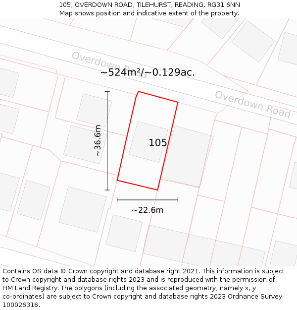 105, OVERDOWN ROAD, TILEHURST, READING, RG31 6NN: Plot and title map