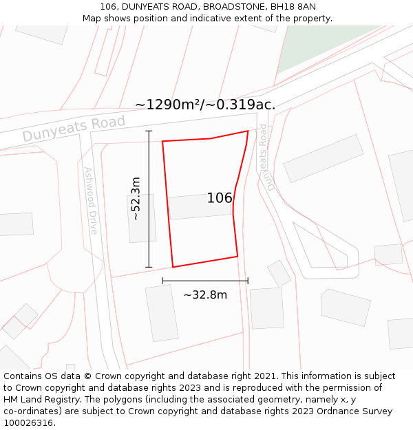 106, DUNYEATS ROAD, BROADSTONE, BH18 8AN: Plot and title map