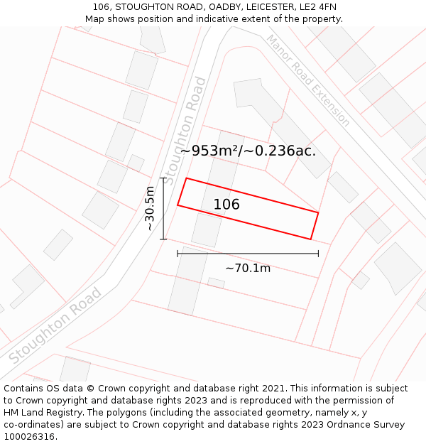 106, STOUGHTON ROAD, OADBY, LEICESTER, LE2 4FN: Plot and title map