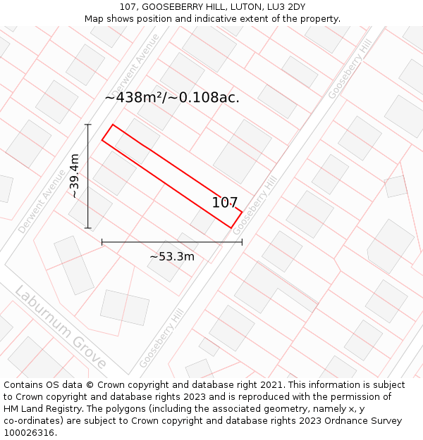 107, GOOSEBERRY HILL, LUTON, LU3 2DY: Plot and title map