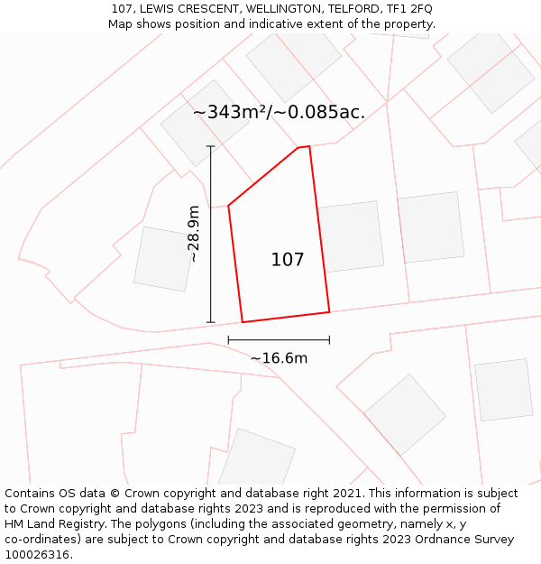 107, LEWIS CRESCENT, WELLINGTON, TELFORD, TF1 2FQ: Plot and title map