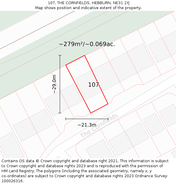 107, THE CORNFIELDS, HEBBURN, NE31 1YJ: Plot and title map