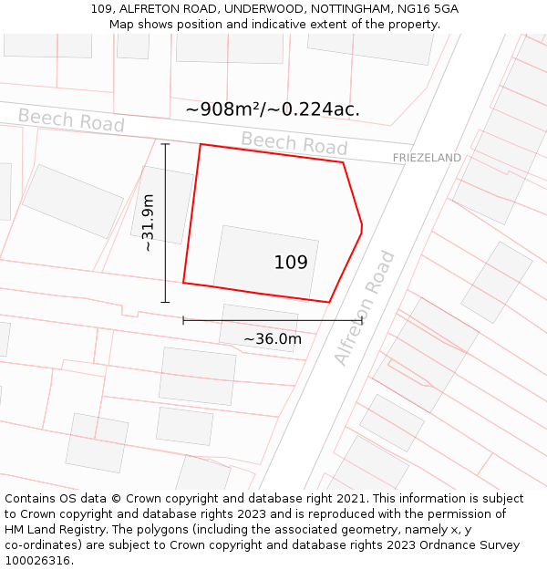 109, ALFRETON ROAD, UNDERWOOD, NOTTINGHAM, NG16 5GA: Plot and title map