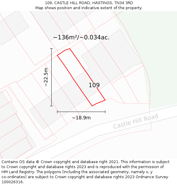 109, CASTLE HILL ROAD, HASTINGS, TN34 3RD: Plot and title map