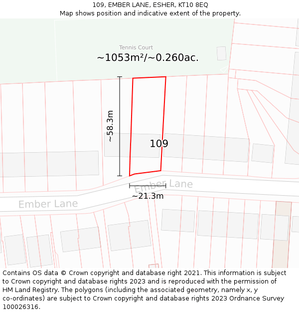 109, EMBER LANE, ESHER, KT10 8EQ: Plot and title map