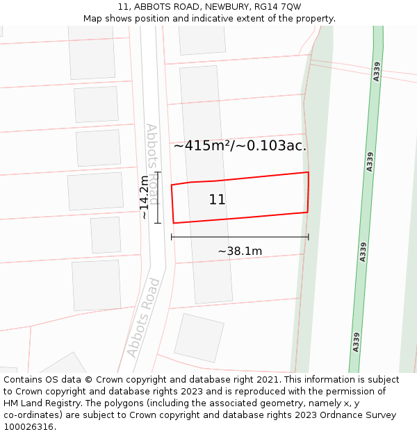 11, ABBOTS ROAD, NEWBURY, RG14 7QW: Plot and title map