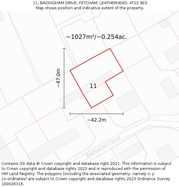 11, BADINGHAM DRIVE, FETCHAM, LEATHERHEAD, KT22 9ES: Plot and title map