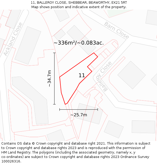 11, BALLEROY CLOSE, SHEBBEAR, BEAWORTHY, EX21 5RT: Plot and title map