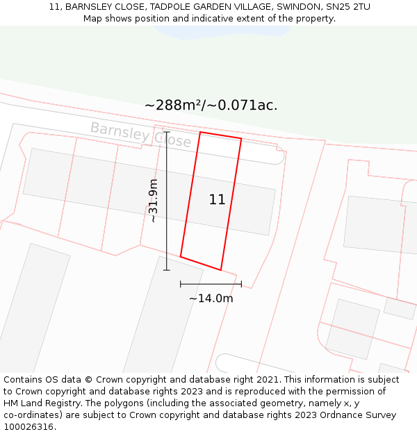 11, BARNSLEY CLOSE, TADPOLE GARDEN VILLAGE, SWINDON, SN25 2TU: Plot and title map