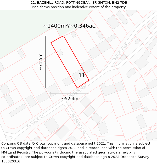11, BAZEHILL ROAD, ROTTINGDEAN, BRIGHTON, BN2 7DB: Plot and title map