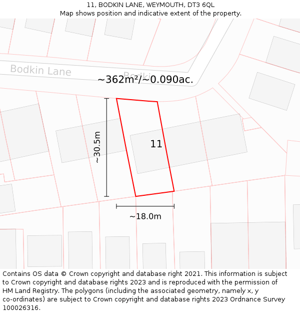 11, BODKIN LANE, WEYMOUTH, DT3 6QL: Plot and title map