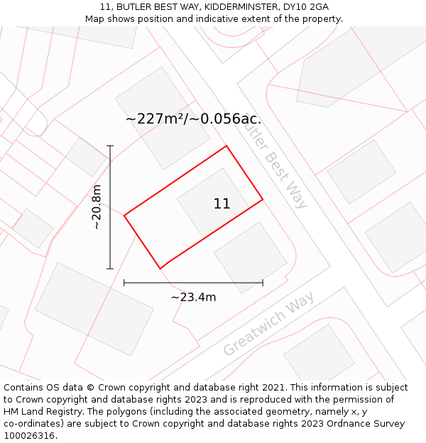 11, BUTLER BEST WAY, KIDDERMINSTER, DY10 2GA: Plot and title map