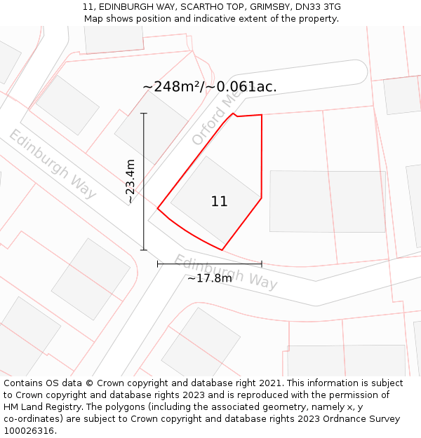 11, EDINBURGH WAY, SCARTHO TOP, GRIMSBY, DN33 3TG: Plot and title map