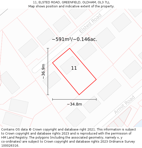 11, ELSTED ROAD, GREENFIELD, OLDHAM, OL3 7LL: Plot and title map