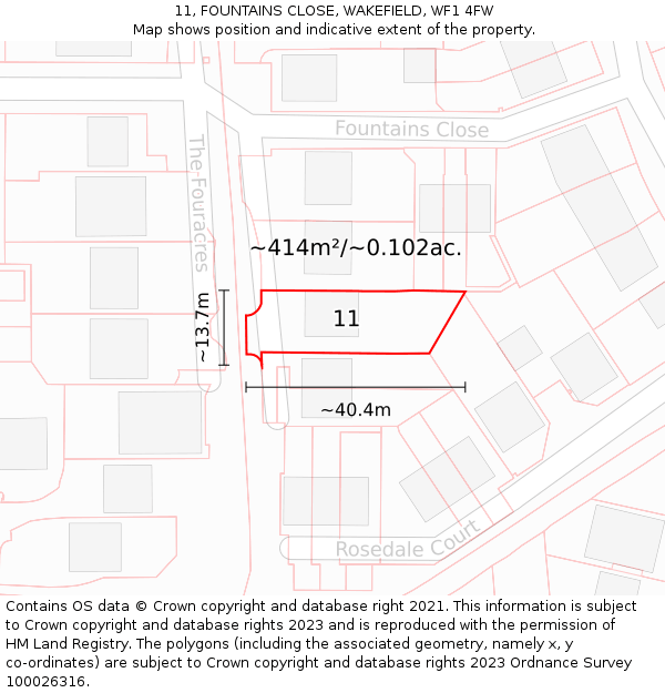 11, FOUNTAINS CLOSE, WAKEFIELD, WF1 4FW: Plot and title map