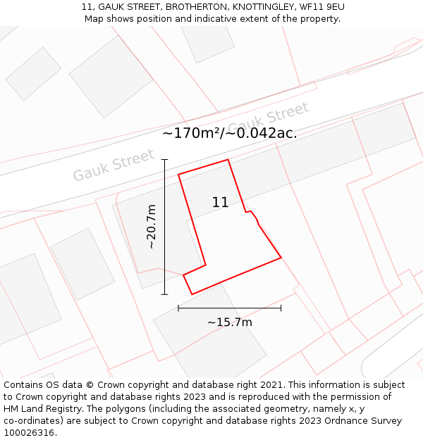 11, GAUK STREET, BROTHERTON, KNOTTINGLEY, WF11 9EU: Plot and title map