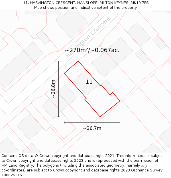 11, HARVINGTON CRESCENT, HANSLOPE, MILTON KEYNES, MK19 7FS: Plot and title map