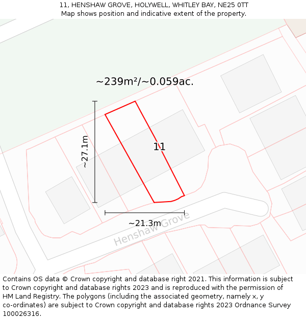 11, HENSHAW GROVE, HOLYWELL, WHITLEY BAY, NE25 0TT: Plot and title map