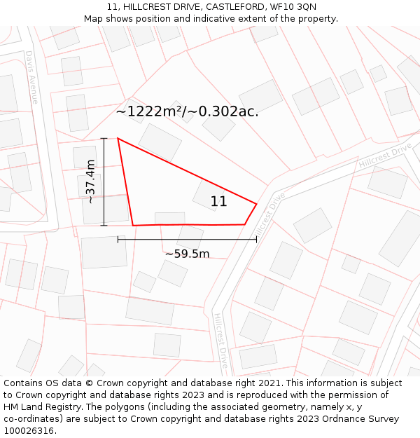 11, HILLCREST DRIVE, CASTLEFORD, WF10 3QN: Plot and title map