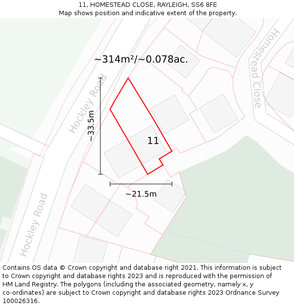 11, HOMESTEAD CLOSE, RAYLEIGH, SS6 8FE: Plot and title map