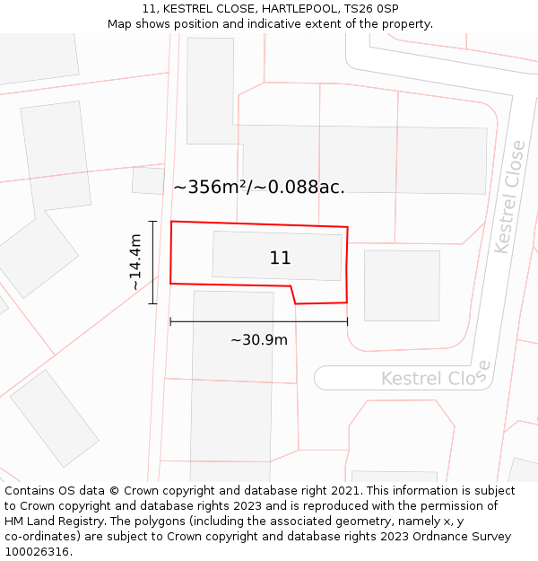 11, KESTREL CLOSE, HARTLEPOOL, TS26 0SP: Plot and title map