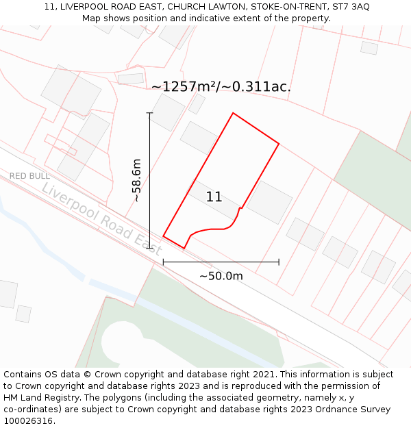 11, LIVERPOOL ROAD EAST, CHURCH LAWTON, STOKE-ON-TRENT, ST7 3AQ: Plot and title map