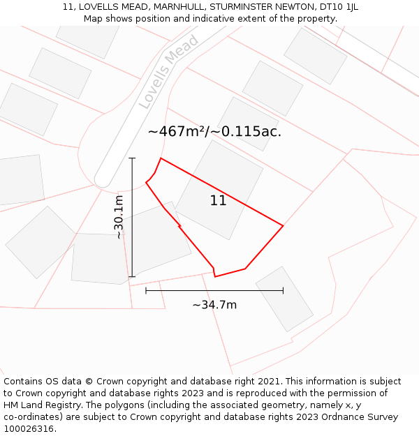 11, LOVELLS MEAD, MARNHULL, STURMINSTER NEWTON, DT10 1JL: Plot and title map