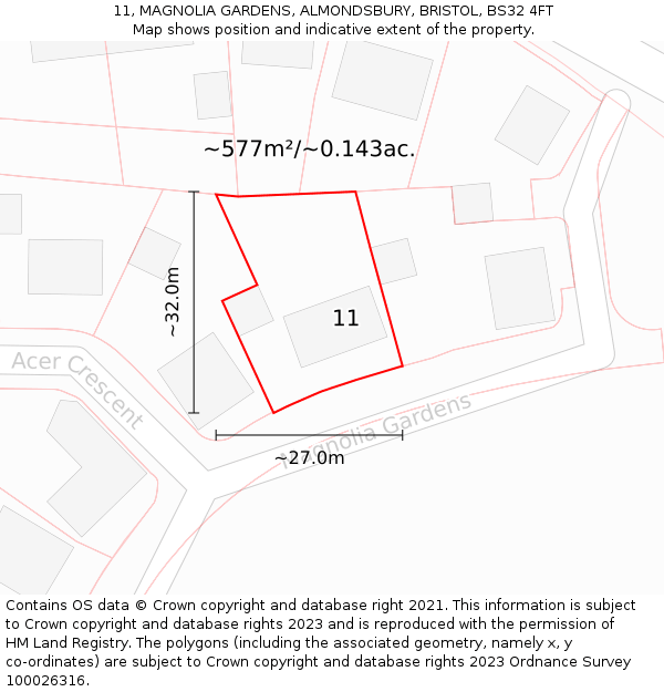 11, MAGNOLIA GARDENS, ALMONDSBURY, BRISTOL, BS32 4FT: Plot and title map