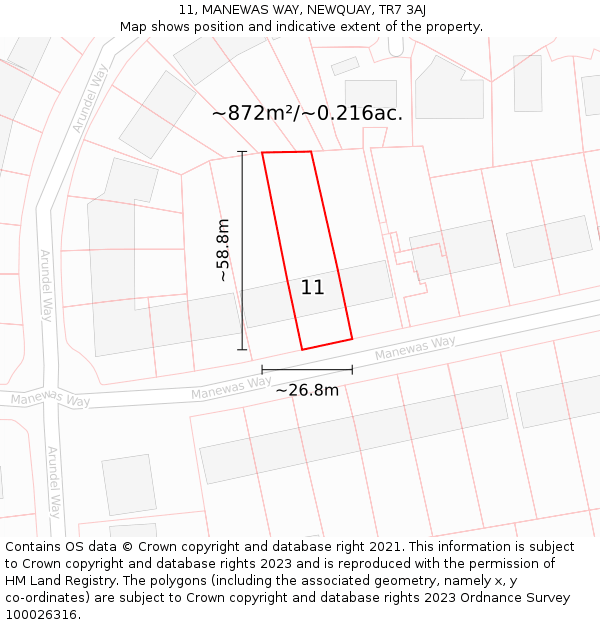 11, MANEWAS WAY, NEWQUAY, TR7 3AJ: Plot and title map