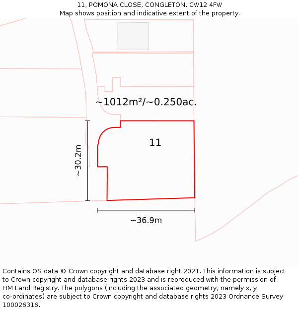 11, POMONA CLOSE, CONGLETON, CW12 4FW: Plot and title map