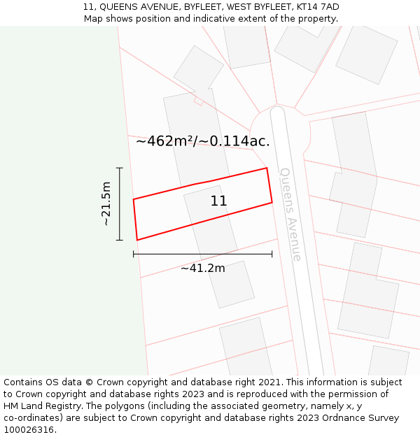 11, QUEENS AVENUE, BYFLEET, WEST BYFLEET, KT14 7AD: Plot and title map