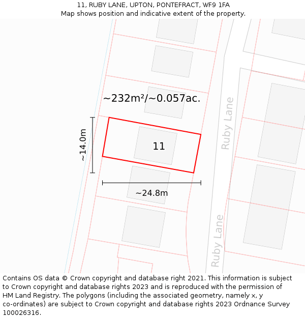 11, RUBY LANE, UPTON, PONTEFRACT, WF9 1FA: Plot and title map