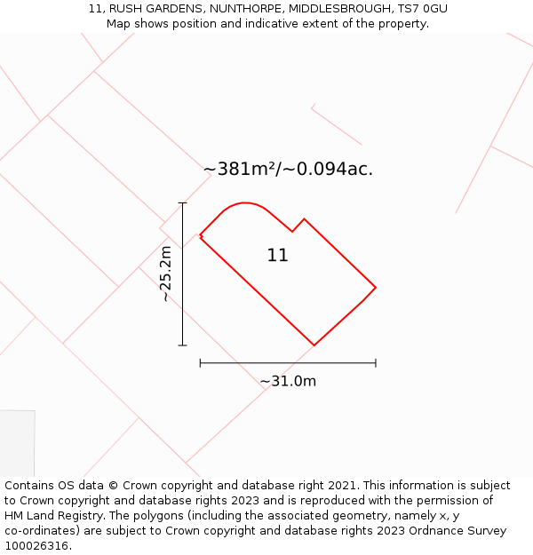 11, RUSH GARDENS, NUNTHORPE, MIDDLESBROUGH, TS7 0GU: Plot and title map