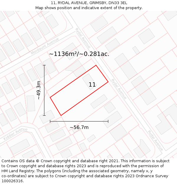 11, RYDAL AVENUE, GRIMSBY, DN33 3EL: Plot and title map