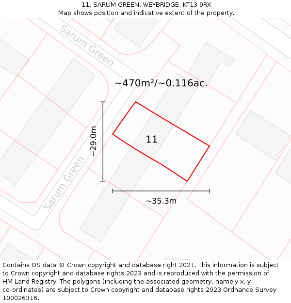 11, SARUM GREEN, WEYBRIDGE, KT13 9RX: Plot and title map