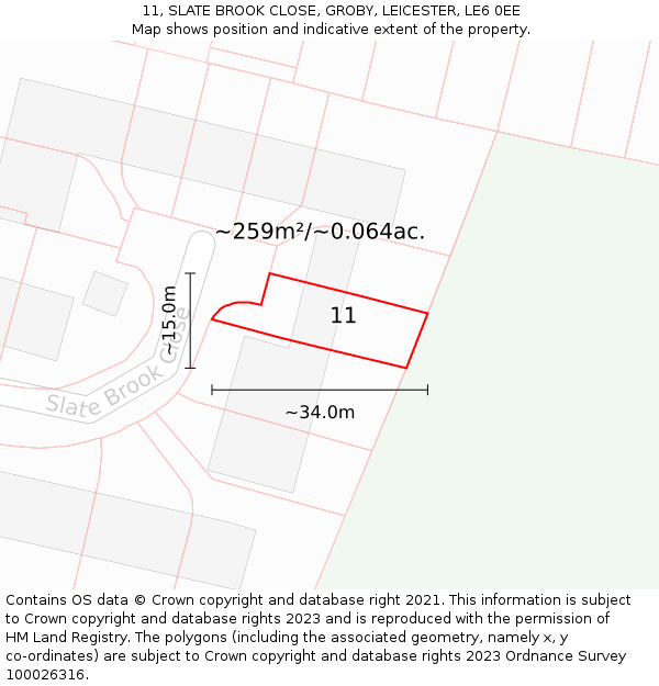 11, SLATE BROOK CLOSE, GROBY, LEICESTER, LE6 0EE: Plot and title map