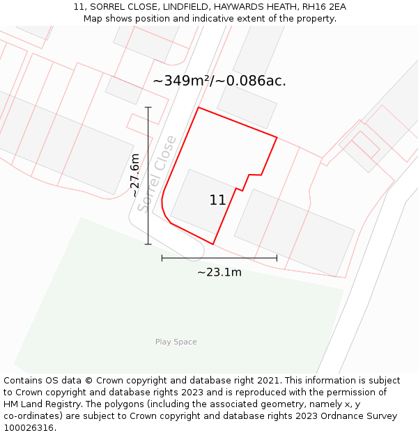 11, SORREL CLOSE, LINDFIELD, HAYWARDS HEATH, RH16 2EA: Plot and title map