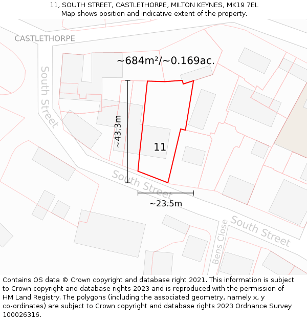 11, SOUTH STREET, CASTLETHORPE, MILTON KEYNES, MK19 7EL: Plot and title map