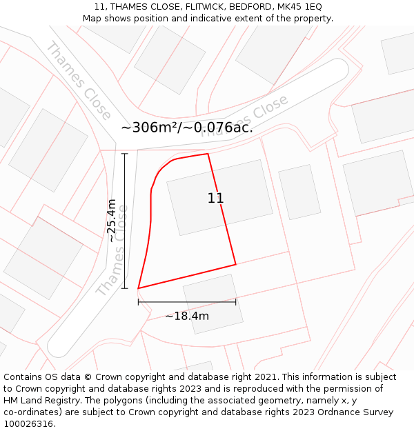 11, THAMES CLOSE, FLITWICK, BEDFORD, MK45 1EQ: Plot and title map