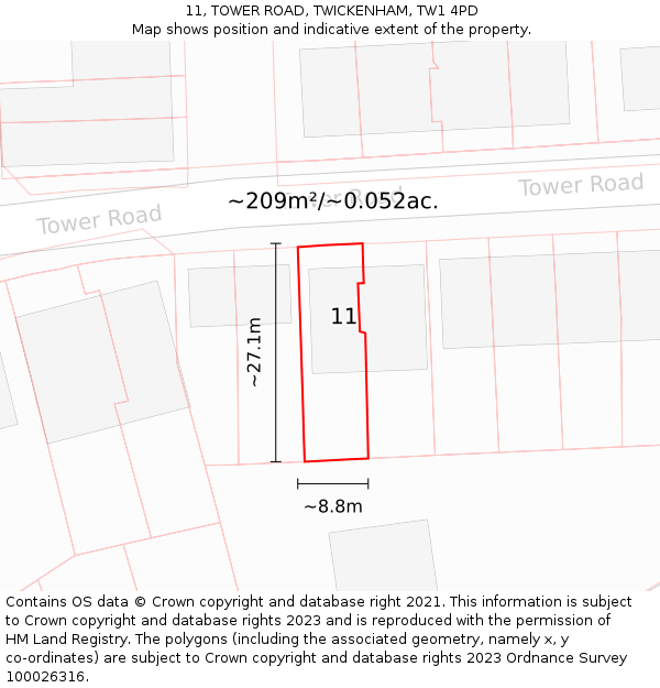 11, TOWER ROAD, TWICKENHAM, TW1 4PD: Plot and title map