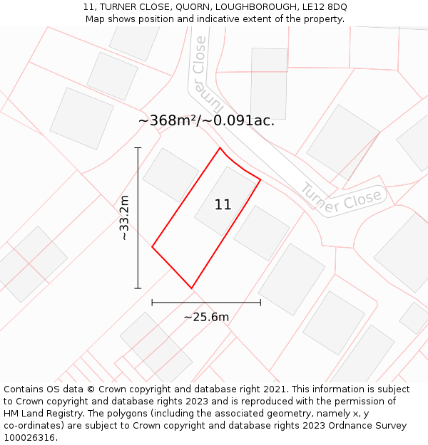 11, TURNER CLOSE, QUORN, LOUGHBOROUGH, LE12 8DQ: Plot and title map