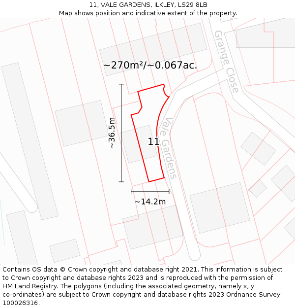 11, VALE GARDENS, ILKLEY, LS29 8LB: Plot and title map