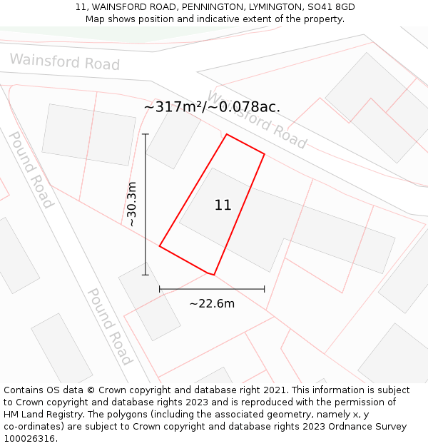 11, WAINSFORD ROAD, PENNINGTON, LYMINGTON, SO41 8GD: Plot and title map