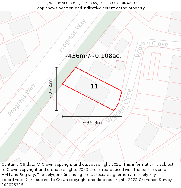 11, WIGRAM CLOSE, ELSTOW, BEDFORD, MK42 9PZ: Plot and title map