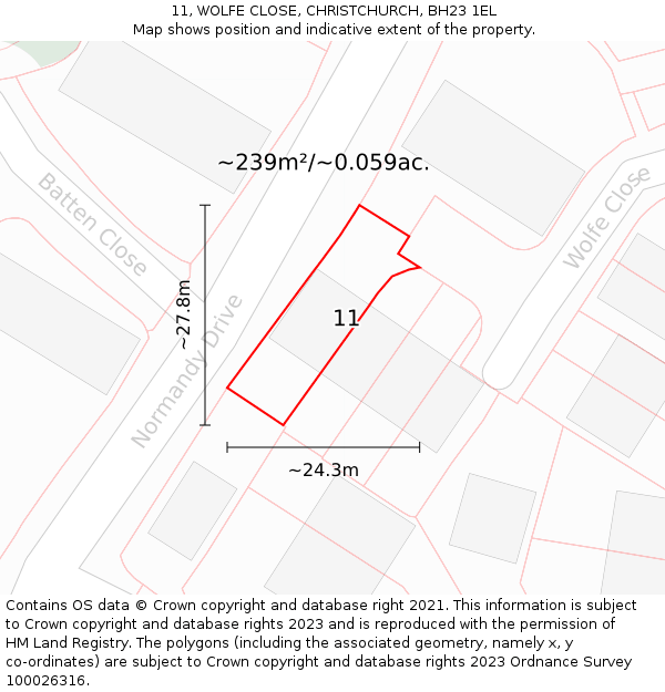 11, WOLFE CLOSE, CHRISTCHURCH, BH23 1EL: Plot and title map