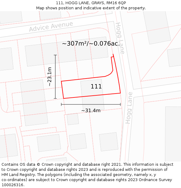 111, HOGG LANE, GRAYS, RM16 6QP: Plot and title map